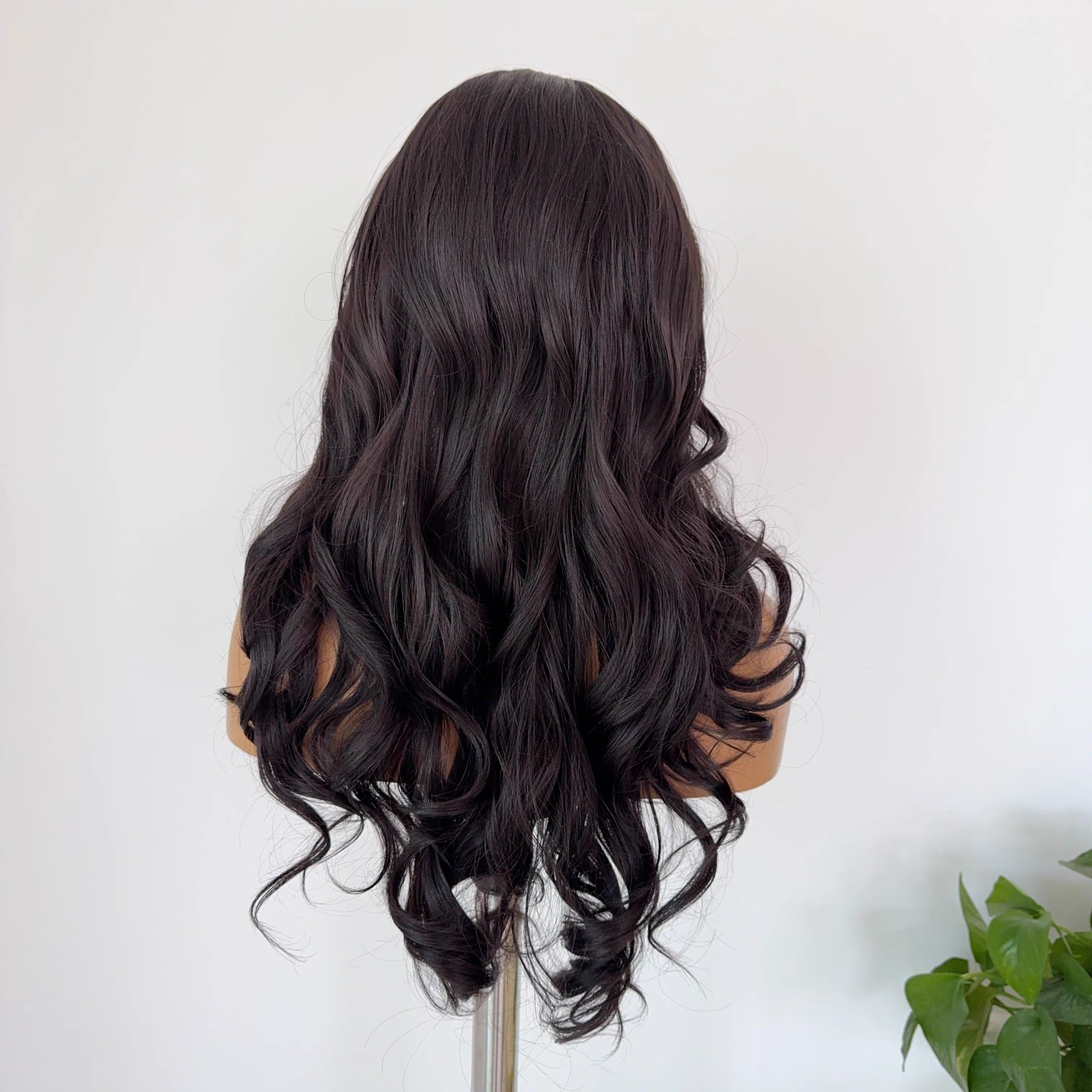 25-inch Black-Tea Brown Full-Head Wig with Princess-Style Large Wavy Curls, Hand-Tied 13x4 Lace Cap