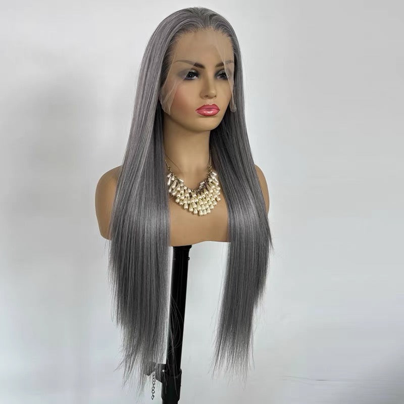 26-inch Granny Grey Long Straight Wig (Heat-Resistant Fiber) – 13x4 Hand-Tied Lace Front Full Wig – Versatile Style