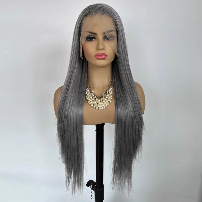 26-inch Granny Grey Long Straight Wig (Heat-Resistant Fiber) – 13x4 Hand-Tied Lace Front Full Wig – Versatile Style