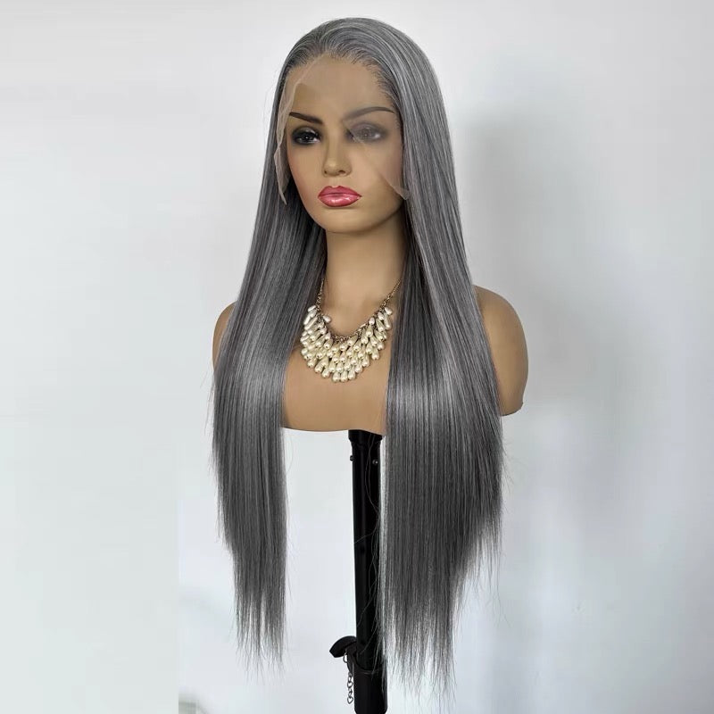 26-inch Granny Grey Long Straight Wig (Heat-Resistant Fiber) – 13x4 Hand-Tied Lace Front Full Wig – Versatile Style