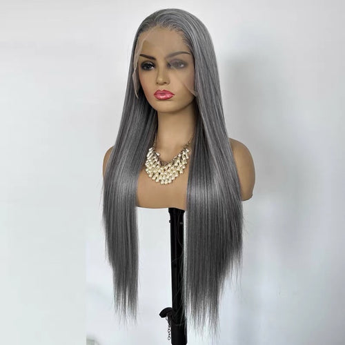 26-inch Granny Grey Long Straight Wig (Heat-Resistant Fiber) – 13x4 Hand-Tied Lace Front Full Wig – Versatile Style