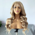 26-inch honey gold full head wig with large wavy curls, hand-hooked, lace 13*4, women's realistic hair, everyday full head of volume.