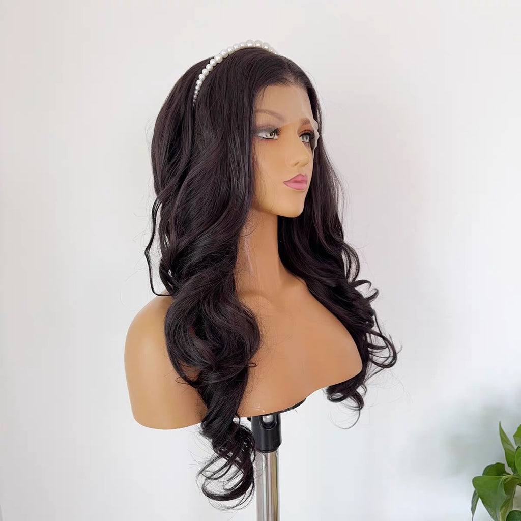 25-inch Black-Tea Brown Full-Head Wig with Princess-Style Large Wavy Curls, Hand-Tied 13x4 Lace Cap