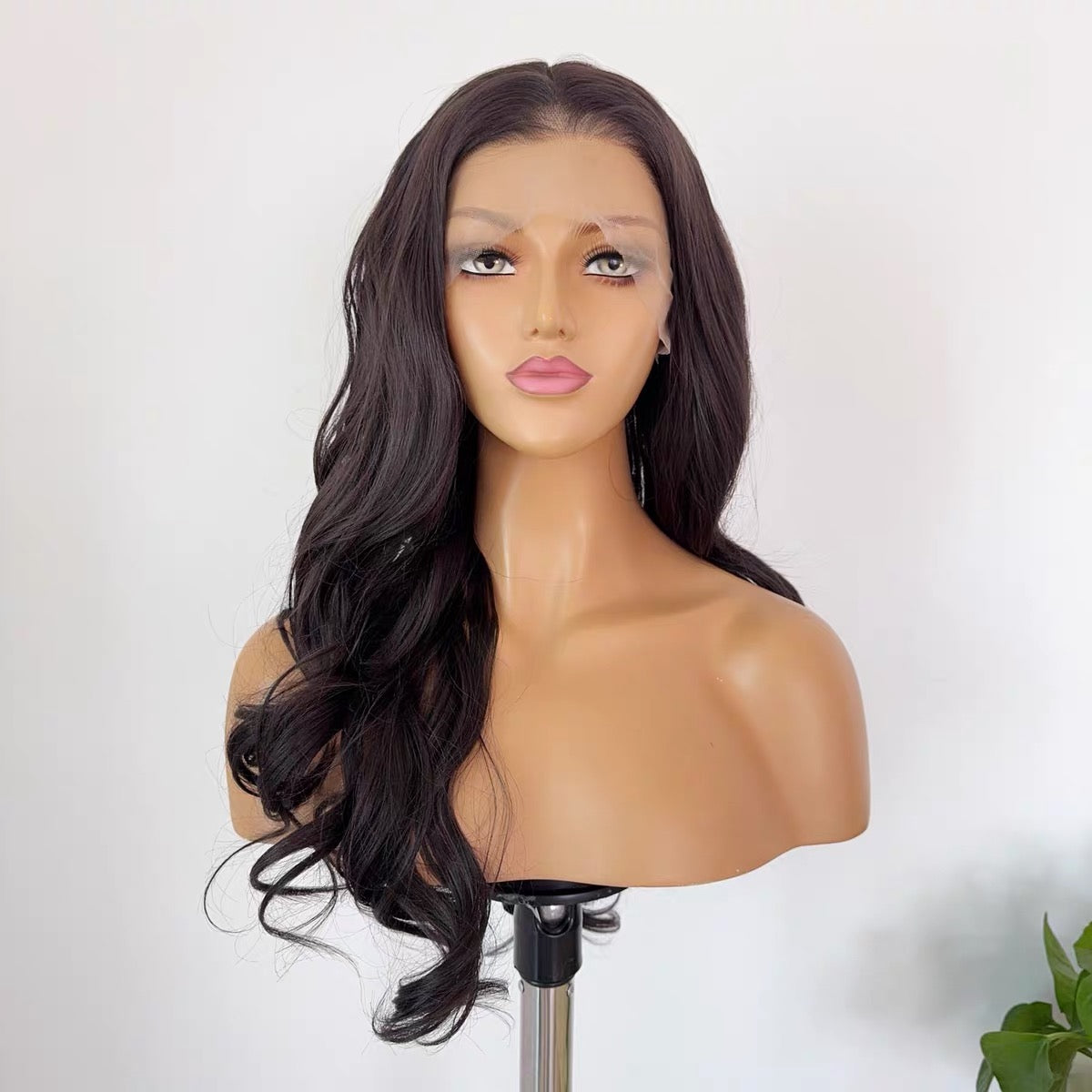 25-inch Black-Tea Brown Full-Head Wig with Princess-Style Large Wavy Curls, Hand-Tied 13x4 Lace Cap