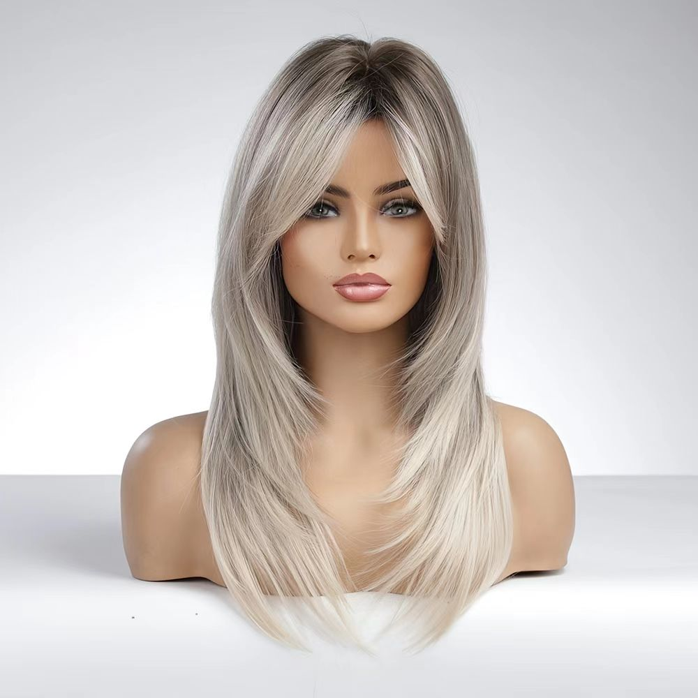 A center-parted, grayish-white style exudes sophistication.