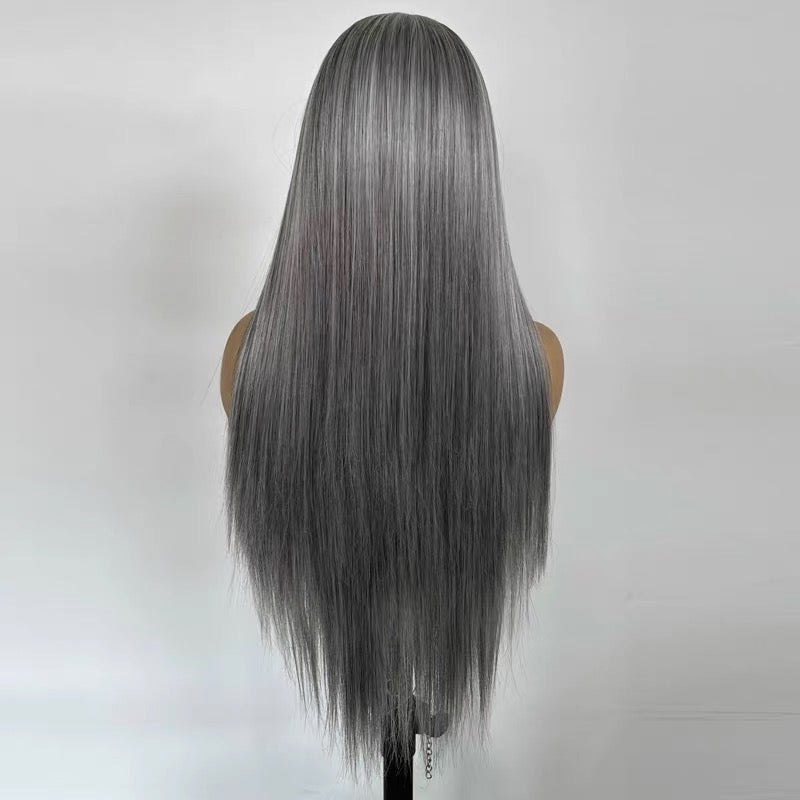 26-inch Granny Grey Long Straight Wig (Heat-Resistant Fiber) – 13x4 Hand-Tied Lace Front Full Wig – Versatile Style