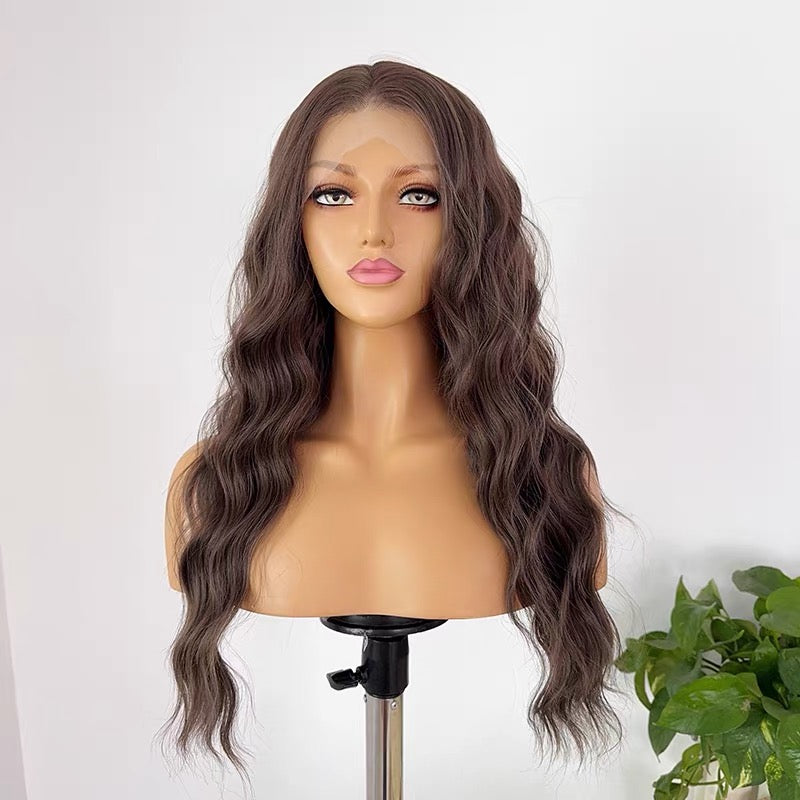 27-inch Tea-brown full-head wig with free-part styling, featuring a 13x4-inch hand-tied lace front. Curly full wig designed for women's daily wear.