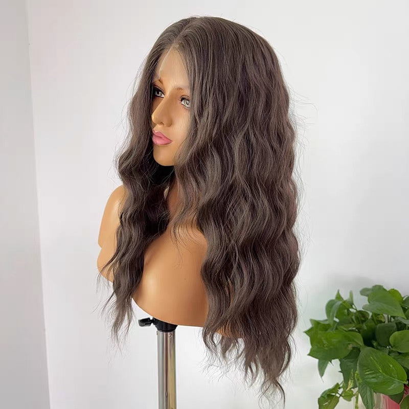 27-inch Tea-brown full-head wig with free-part styling, featuring a 13x4-inch hand-tied lace front. Curly full wig designed for women's daily wear.
