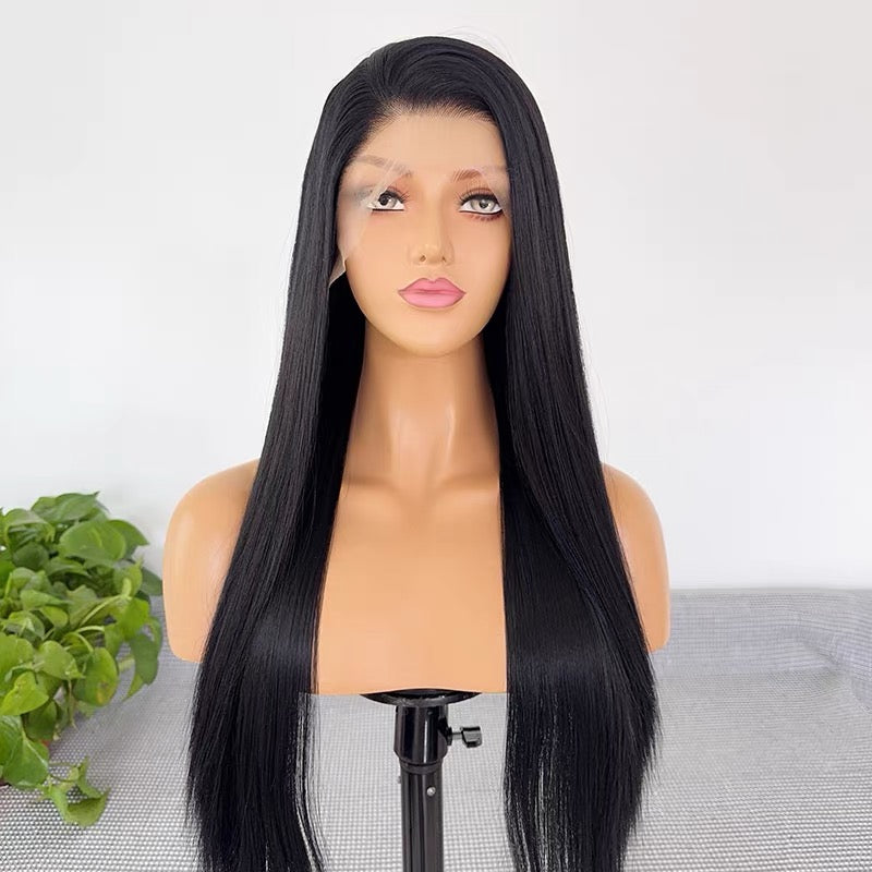 27-Inch Black Lace Front Wig (Full Cap) – Matte High-Temperature Fiber, 13x4 Hand-Tied Lace, Long Straight Hair – Versatile Style