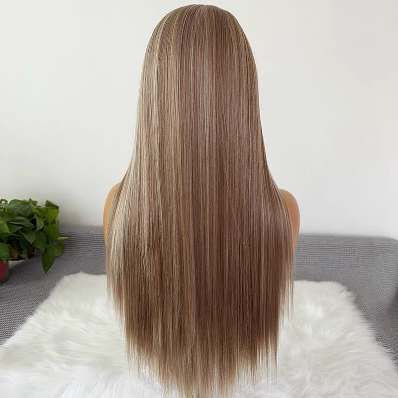 27-Inch Long Straight Wig with Platinum Highlights – Full Cap with Hand-Tied Hairline, 13x4 Lace, and High-Temperature Synthetic Fiber