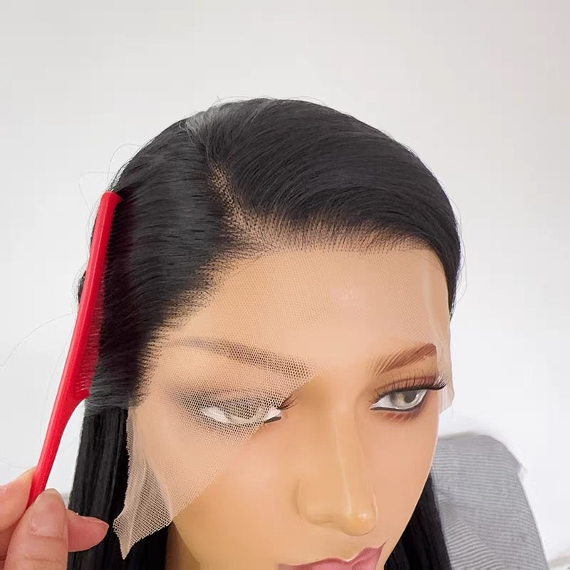 27-Inch Black Lace Front Wig (Full Cap) – Matte High-Temperature Fiber, 13x4 Hand-Tied Lace, Long Straight Hair – Versatile Style
