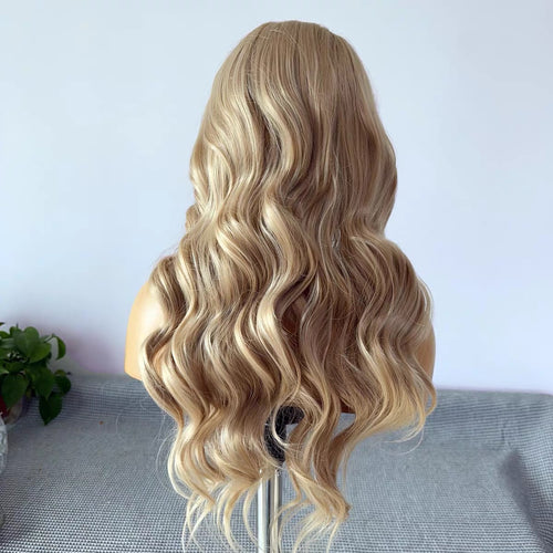 26-inch honey gold full head wig with large wavy curls, hand-hooked, lace 13*4, women's realistic hair, everyday full head of volume.