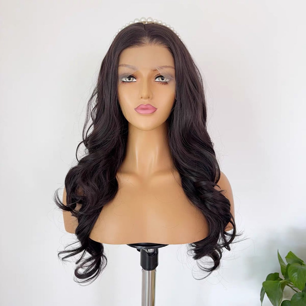 25-inch Black-Tea Brown Full-Head Wig with Princess-Style Large Wavy Curls, Hand-Tied 13x4 Lace Cap