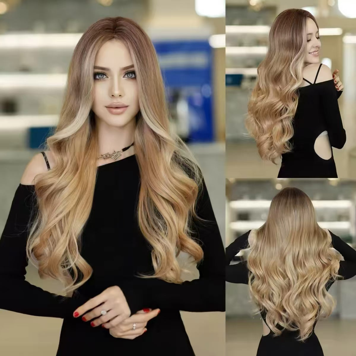 Women's long straight wig—makes round faces look smaller.