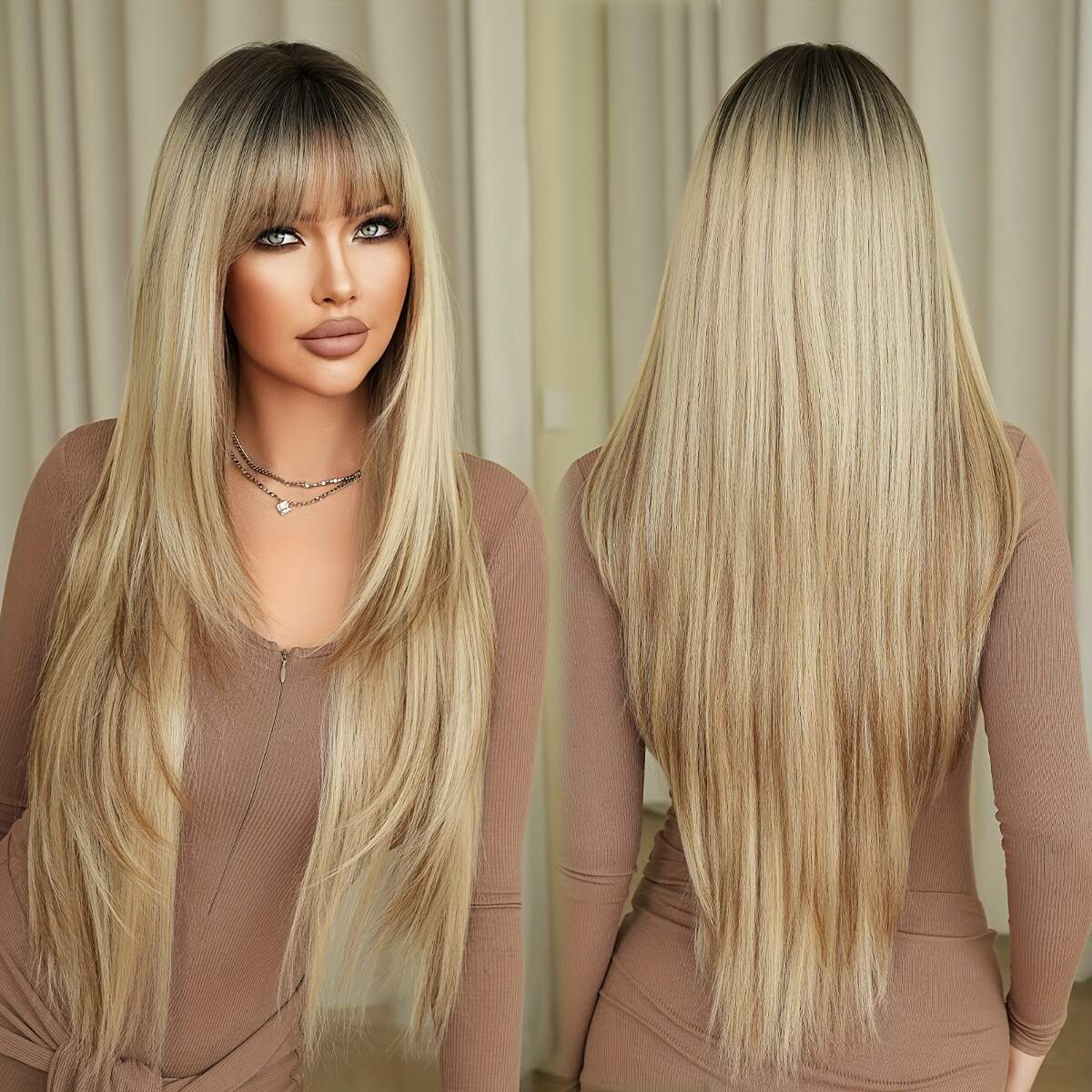 Airy, straight-across bangs—light and voluminous—that flatter the face shape.