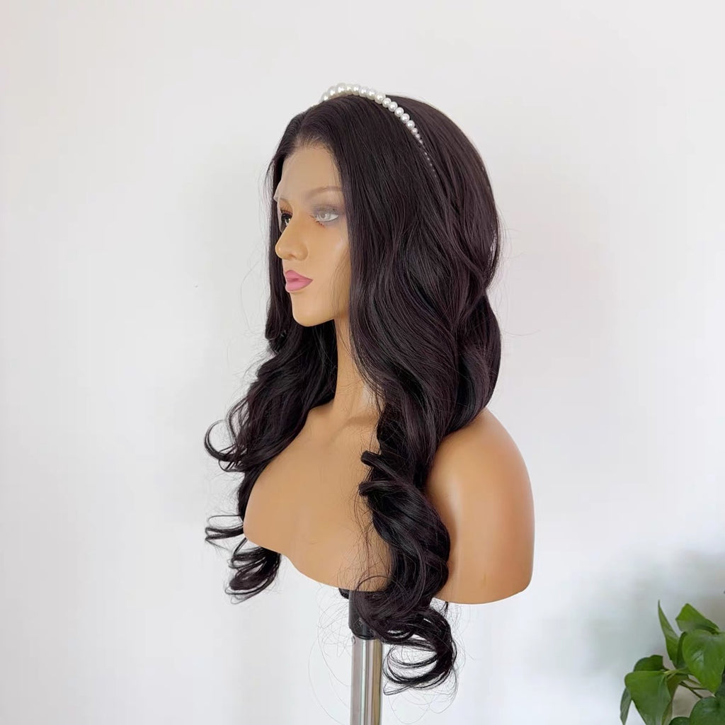 25-inch Black-Tea Brown Full-Head Wig with Princess-Style Large Wavy Curls, Hand-Tied 13x4 Lace Cap