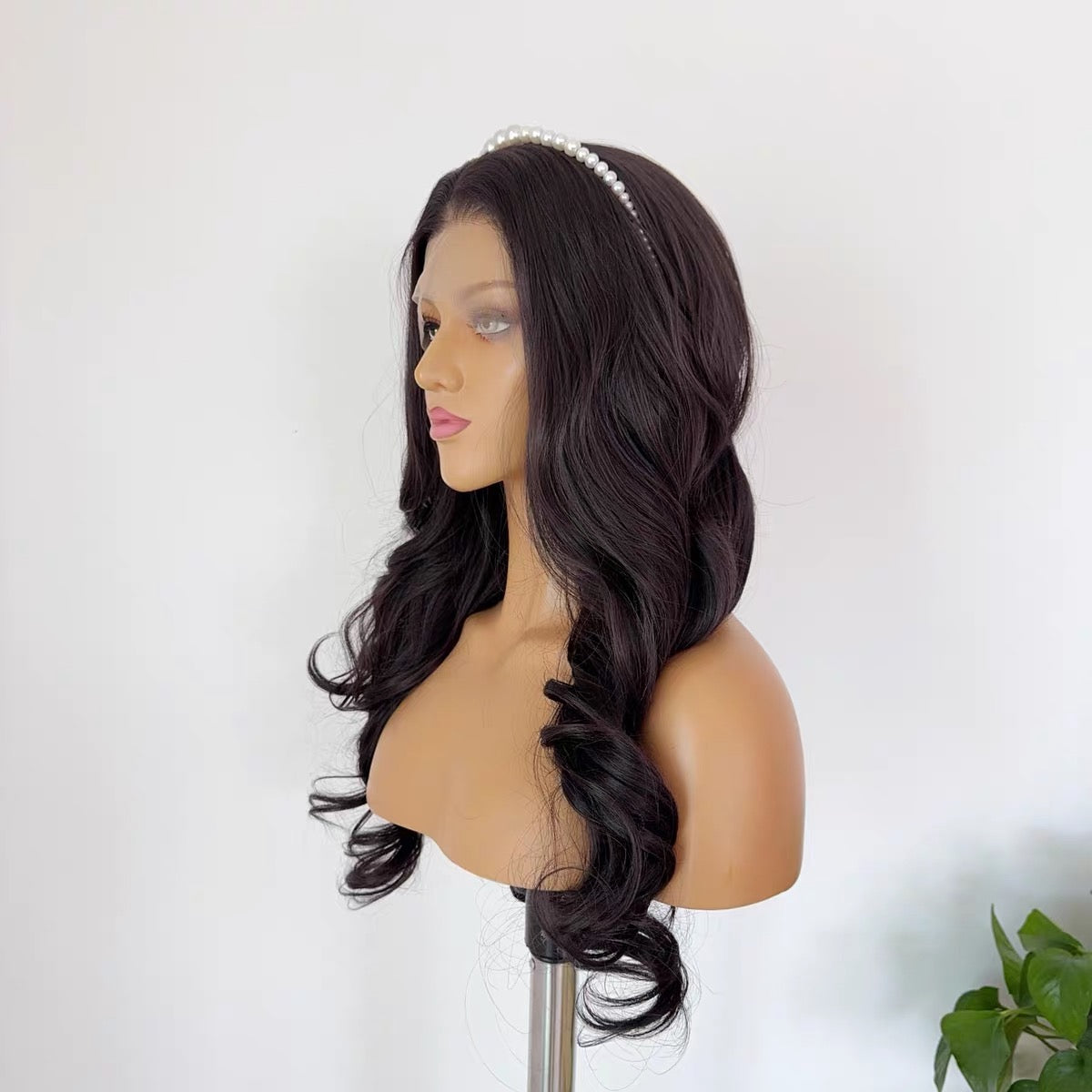 25-inch Black-Tea Brown Full-Head Wig with Princess-Style Large Wavy Curls, Hand-Tied 13x4 Lace Cap